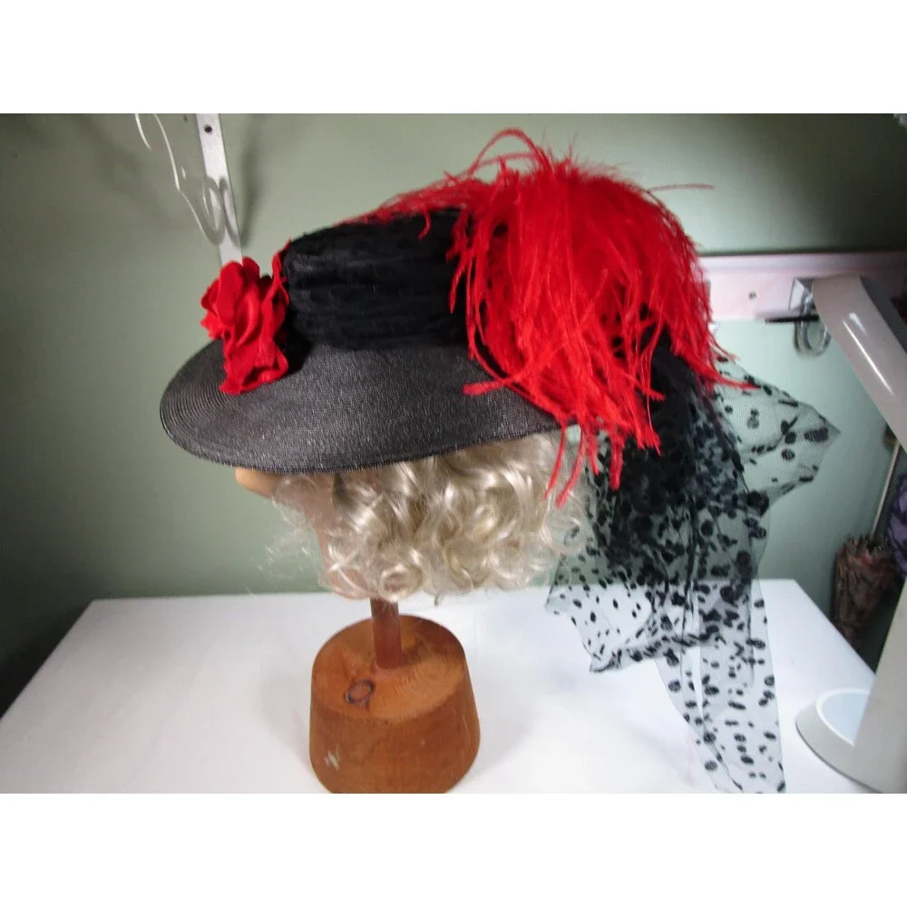 Vintage Wide Brim Hat Black Lace Ostrich Feathers Red Rose Embellishment